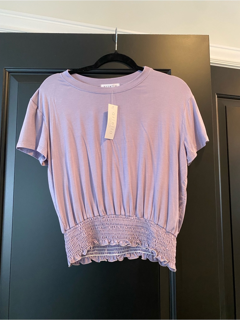 Ariella Lavender Smocked-Hem Short Sleeve Crop Top